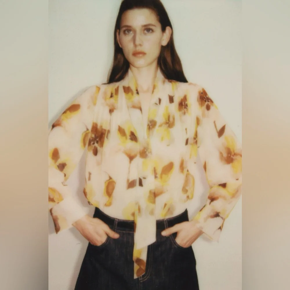 ZARA Scarf Detail Floral Print Oversized Shirt | Ecru/Yellow - Picture 6 of 14
